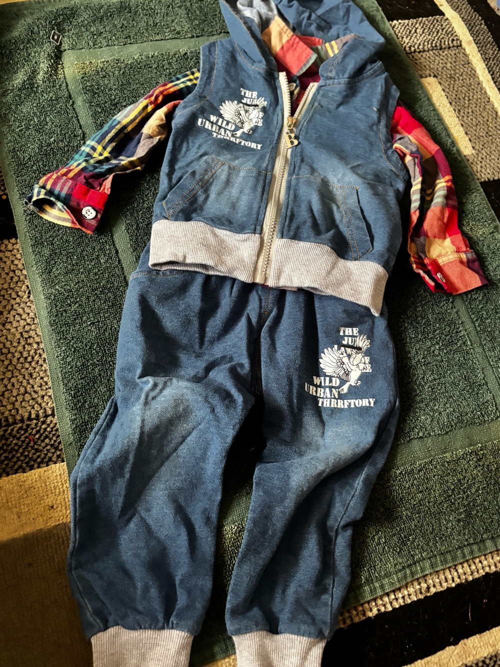 Kids Navy Blue Jogger Sweatpants with Beige Waistband & Cuffs